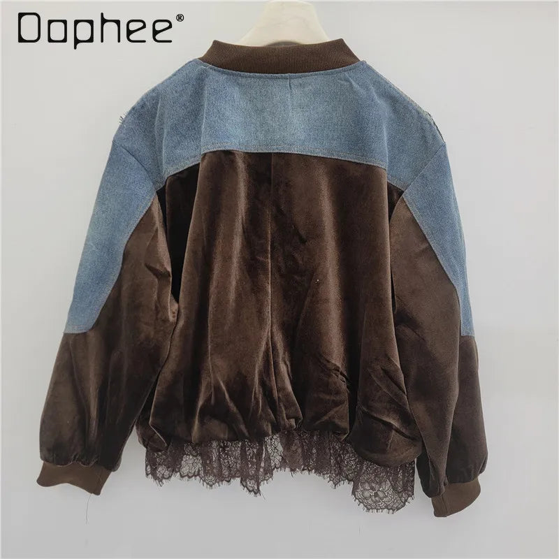 Spring New Fashion Stitched Lace Loose Velvet Denim Jacket Trendy Personality Street Casual Versatile Baseball Jackets Women