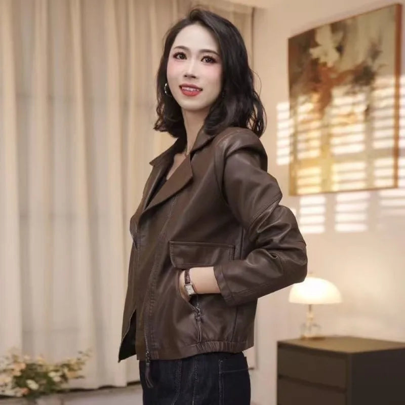 2026 Fashion Autumn PU Leather Jacket Women New Short Leather Coat Retro Lapel Sweet Motorcycle Outerwear Ladies Overcoat Top