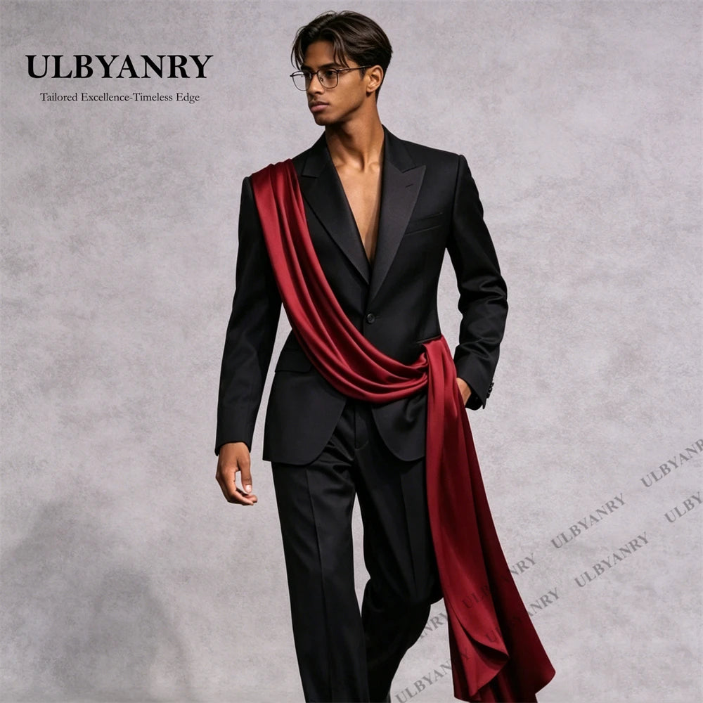 ULBYANRY Customized Satin Ribbon  Men's Black Suit Set, Jacket Pants Formal Events Suit, XXS-7XL Plus Size Tall Big Man Suits