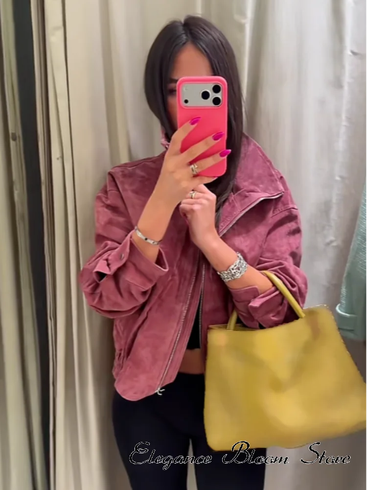 Women Stand Collar Leather Pilot Jacket Red Zipper Cropped Coat Fashion Casual Fashion Outerwear 2026 New Arrival Streetwear