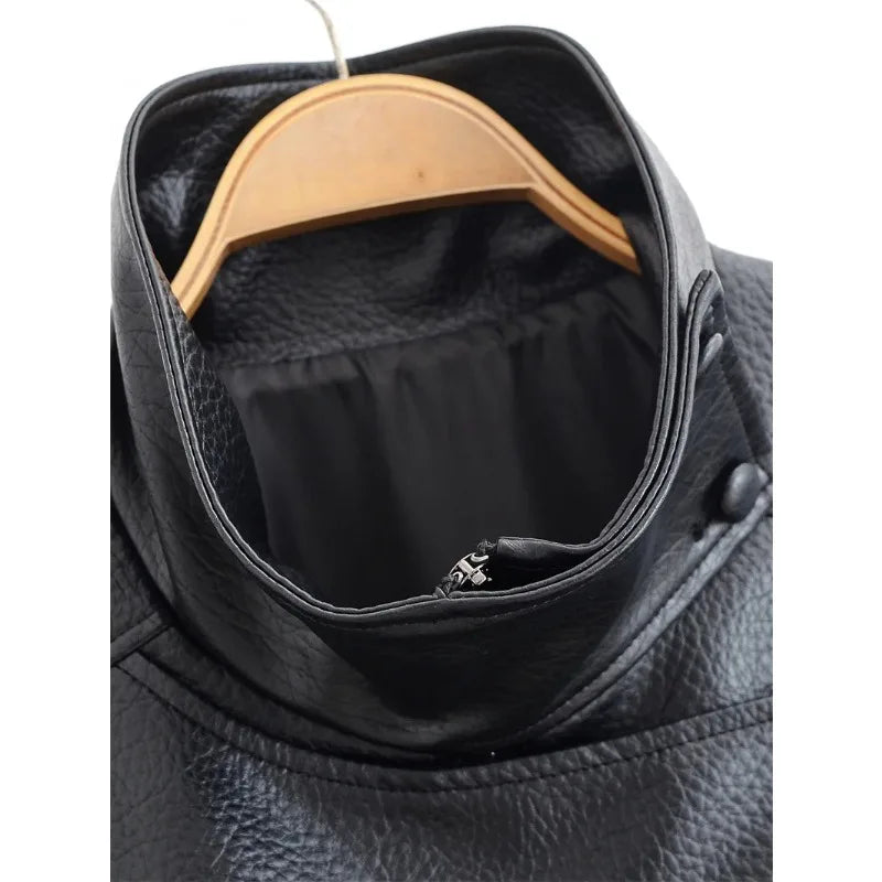 Women's 2026 Autumn New Classic Commuter Style Black Long Sleeve Pebble Faux Leather Motorcycle Fashion Jacket