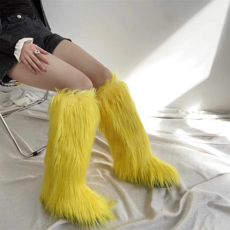 Hot Sale Ins Fashion Long Women Furry Boots Winter Knee Length Keep Warm Ladies Snow Boots