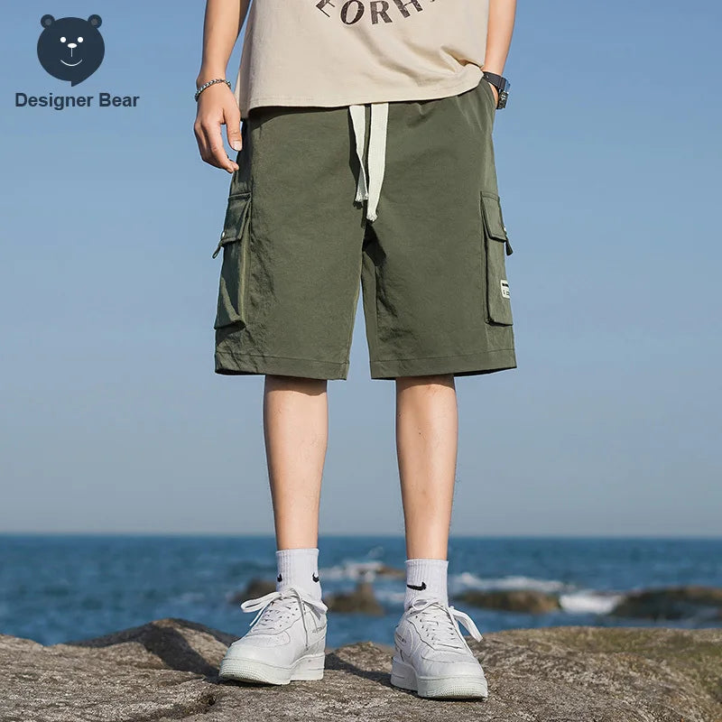 Brand Clothing Summer Men's Cargo Shorts Casual Baggy Multi-Pocket Drawstring Streetwear Sports Knee Length Bermuda Board Short