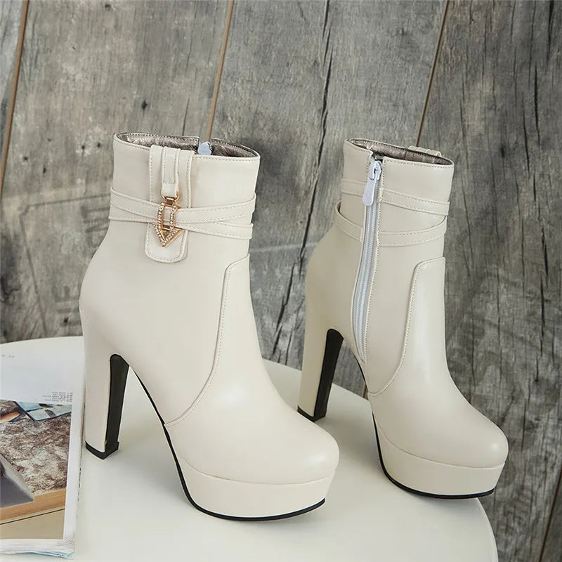 Women's White Ankle Boots Platform Shoes Fashion Buckle High Heels Yellow Black Autumn Winter Short Boot Ladies Large Size 50