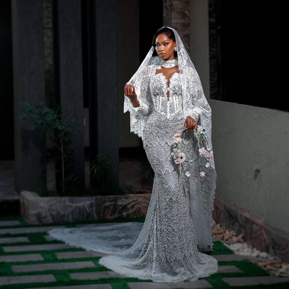 Luxury Mermaid Wedding Dresses for Africa Bride Long Sleeves Sweep Train Lace Pearls Sequined Bridal Reception Gowns Customized