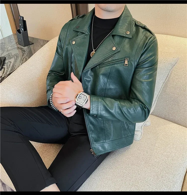 Men High Quality Faux Leather Jacket Vintage Oblique Zipper  Slim Fit Motorcycle Outwear Male Autumn Winter PU Leather Coats