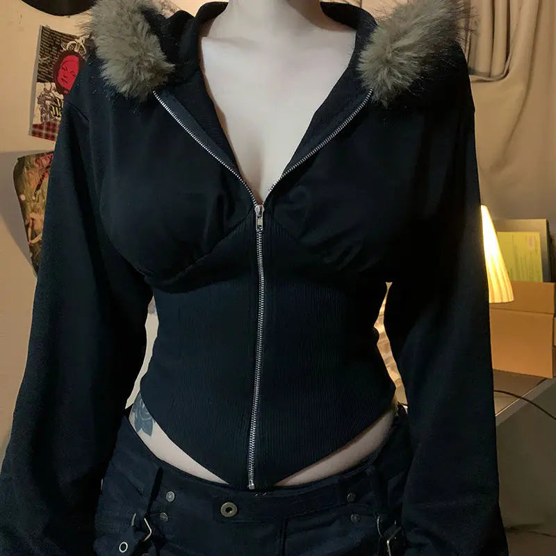 Vintage Punk Hoodies Y2k Crop Top Sexy Streetwear Gothic Grunge Women's Zipper Hooded Winter Slim Coat Hot Girl Aesthetic Hoody
