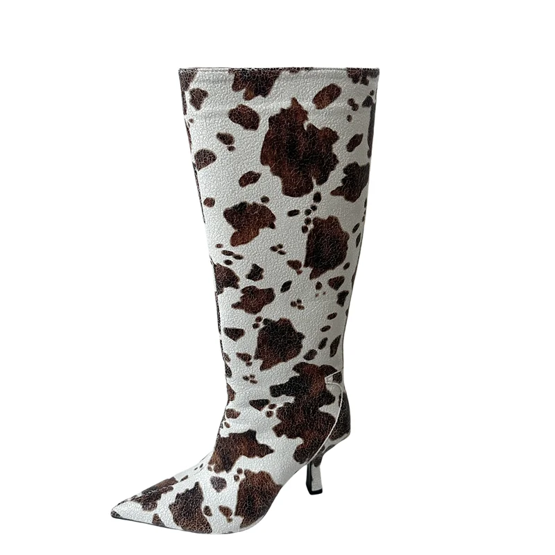 ZAROY Stiletto Heel Knee High Boots Brand Designer Brown Cow Print Pointed Toe Zipper Runway Banquet Dress High Botas сапоги