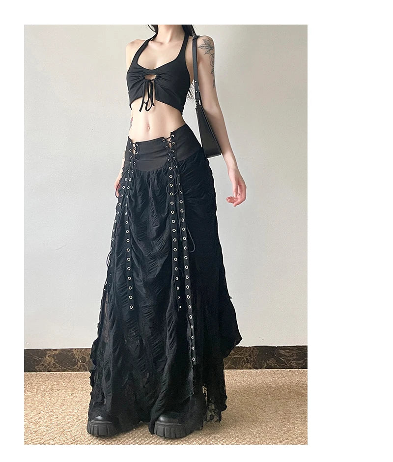 Gothic Long Skirt Bandage Lace Mesh Patchwork High Waist A Line Drawstring Split Black Skirt Irregular Aesthetic Female Fashion