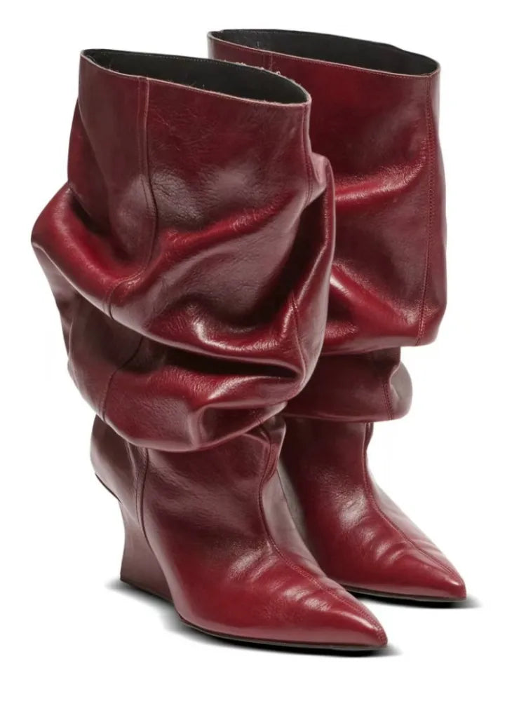 Women's Fashion Pointed Thick Soled Pleated Short Boots, Autumn and Winter Thick Heeled Long Boots, Sexy Runway Women's Boots