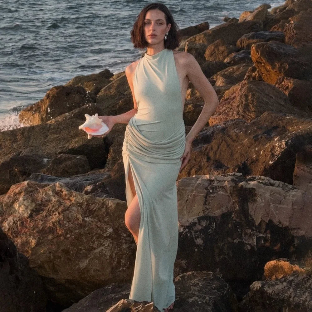 JULISSA MO Sexy Backless High Slit Ruched Women Maxi Dress Sleeveless Round Neck Dress Autumn Skinny Elegant Party Evening Dress