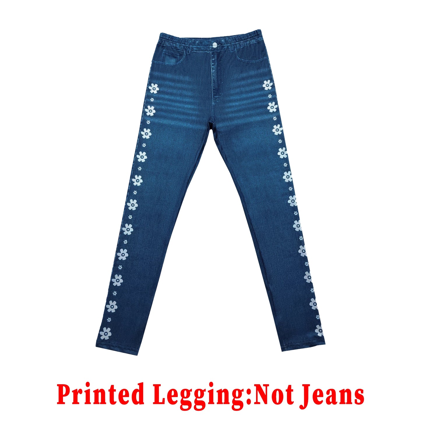 Fashion Women Faux Denim Printed Skinny Pants, High Elastic Seamless Fake Pocket Casual Sports Long Leggings