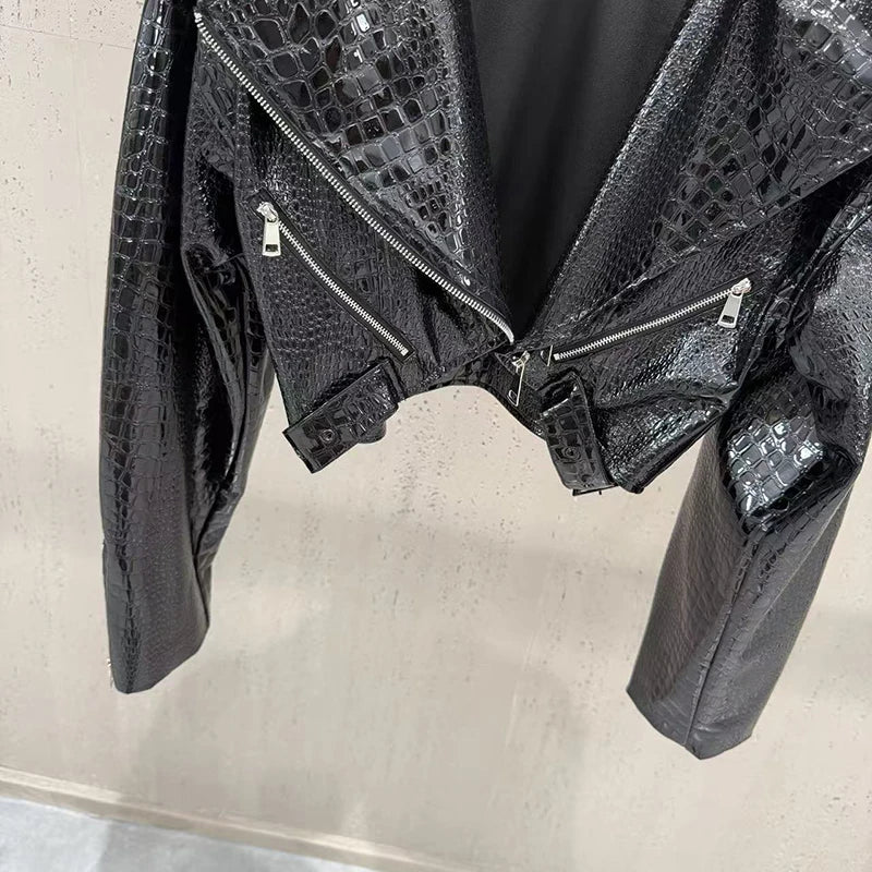 KUCLUT 2026 Autumn New Fashion Shiny Pattern PU Leather Motorcycle Style Short Jacket For Women Suit Collar Zipper Coat 1A4441