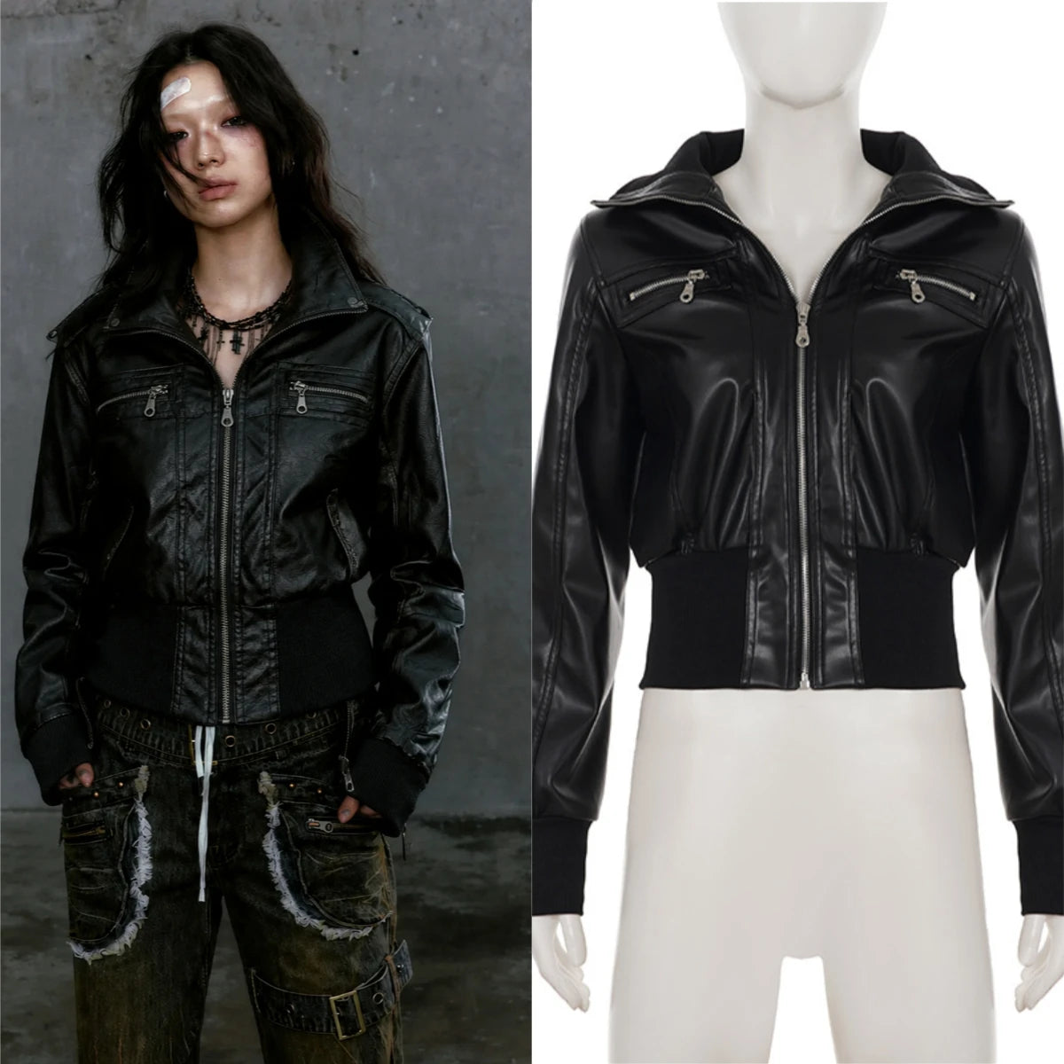 2026 Autumn Gothic Punk Leather Jackets for Women American Vintage Subculture Long Sleeve Slim Black Club Party Outerwear Coat