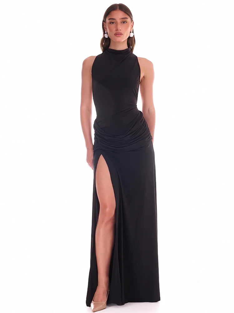 JULISSA MO Sexy Backless High Slit Ruched Women Maxi Dress Sleeveless Round Neck Dress Autumn Skinny Elegant Party Evening Dress