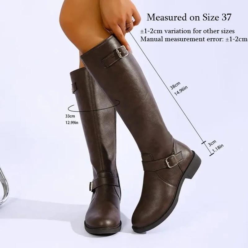 Fashion Metal Buckle PU Leather Knee‑High Boots Women Comfortable Plus Size 43 Low Block Heel Side Zipper Long Boots Botas Mujer