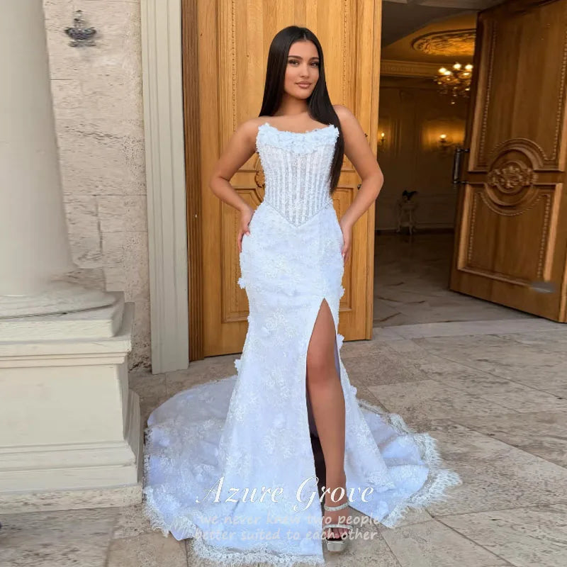 Azure Grove  Customized Strapless Flowers Lace Wedding Dress Woman's Mermaid Bridal Gowns Sleeveless Court Train Customized Prom