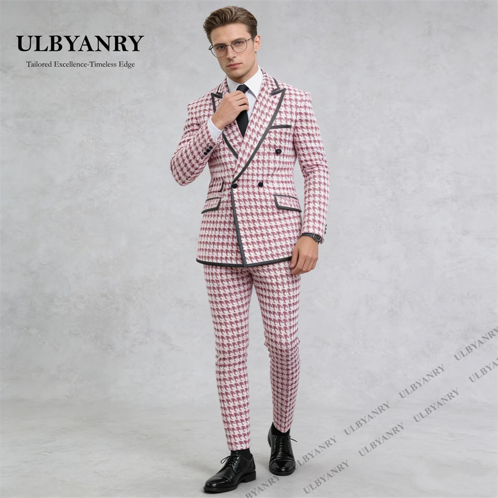 ULBYANRY Men’s Houndstooth Double Breasted Black Trim Suit Set for Wedding Party Celebration Slim Fit Jacket Pants Set for Date