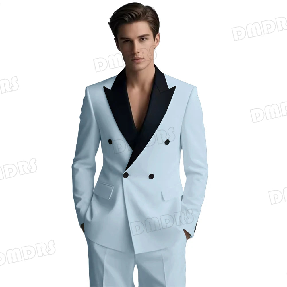 Slim Fitting White Suit Set for Men, Black Collar, 2 Pieces Formal Suits, Wedding Tuxedo, Customized Colors Blazer and Pant Set