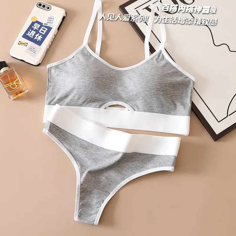 Women Cotton Bra And Panties Set Sexy Low Rise Thongs U-Back Padded Bra Tops Comfort Seamless Underwear Female Sexy Lingerie Set