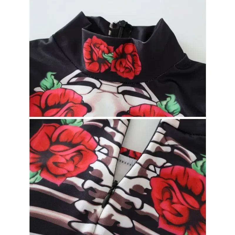 Halloween Girls Ghost Bride Theme Party Dress Costume Women's Skeleton Rose Pattern Printed Skeleton Long Sleeve Jumpsuit Party
