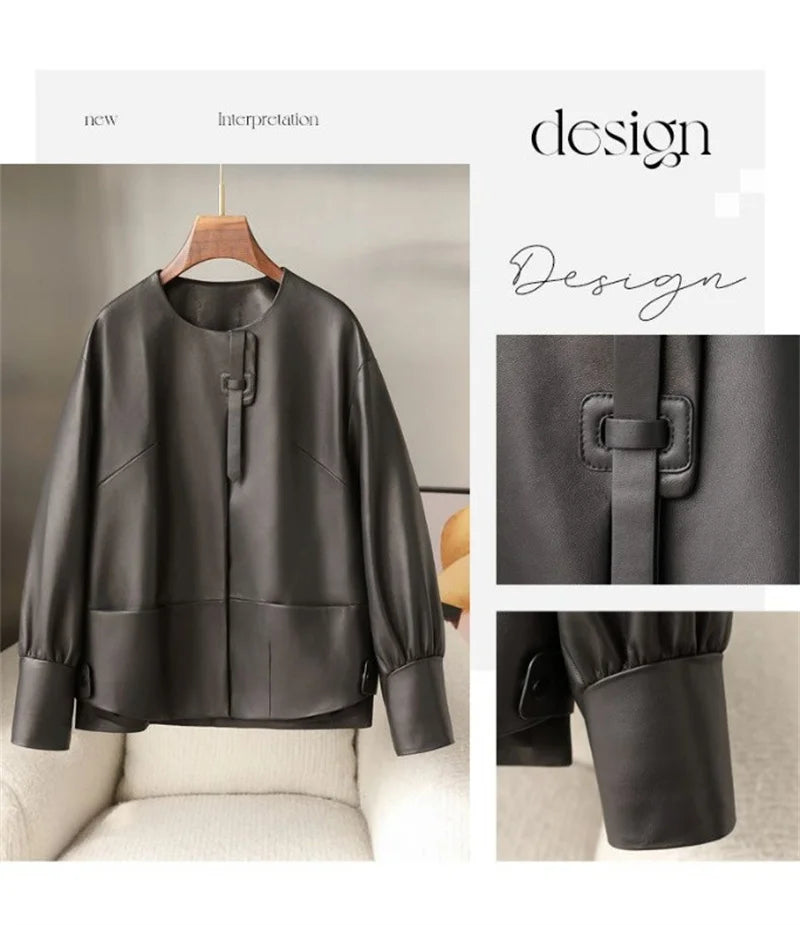 Orange Black Leather Jacket Spring Autumn Coat 2026 New Women's Leather Coat Round Neck Lantern Sleeves PU Leather Outerwear