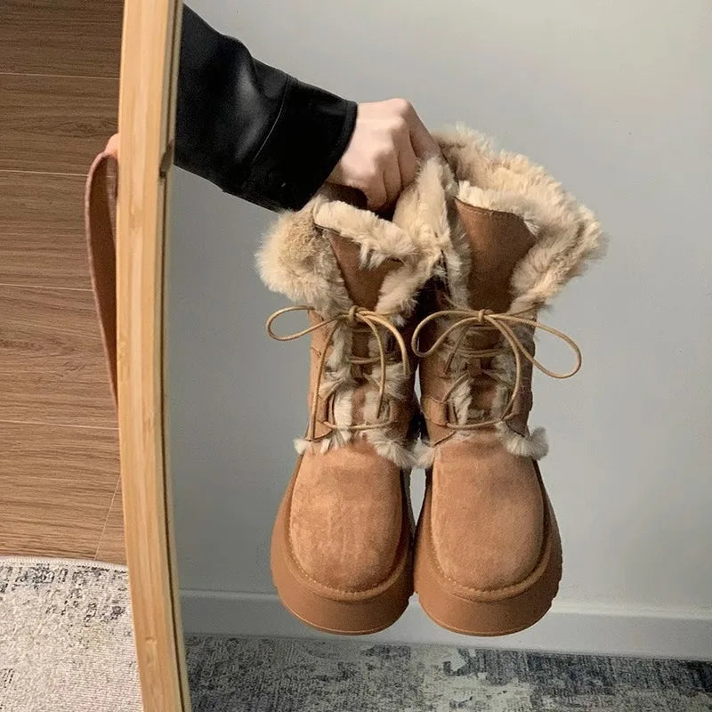 Retro fur integrated warm snow boots for women in winter 2025, new thick soled and plush thick anti slip cotton shoes