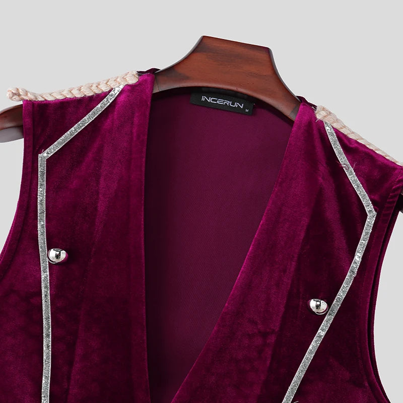 INCERUN Men's Vests Velour Patchwork Lapel Sleeveless Button Male Waistcoats Elegant Streetwear Fashion Casual Vests For Man