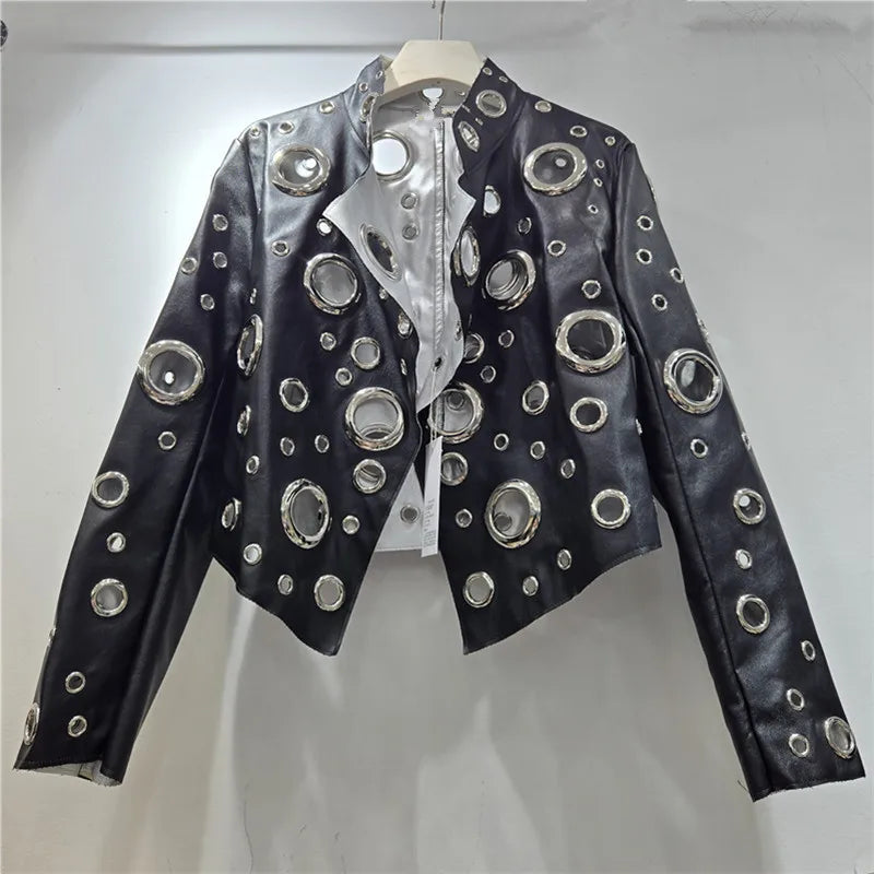 DEAT 2026 Autumn High Street Style Hollow Out Ring Short PU Leather Jacket For Women Stand-up Collar Long Sleeve Coats 29A9499
