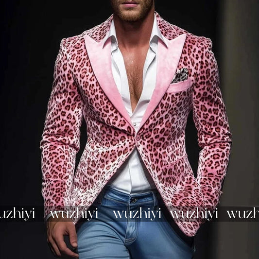 Fashion Peak Lapel Pink Leopard Print One Piece Wedding Suits For Men Single Button Party Tuxedos Slim Fit Customized