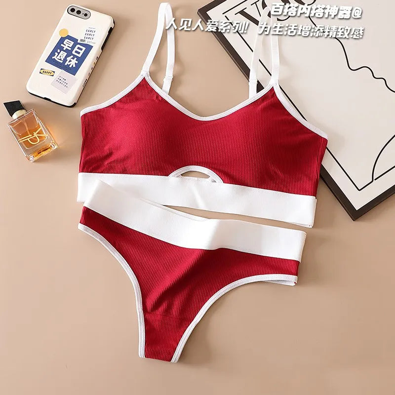 Women Cotton Bra And Panties Set Sexy Low Rise Thongs U-Back Padded Bra Tops Comfort Seamless Underwear Female Sexy Lingerie Set