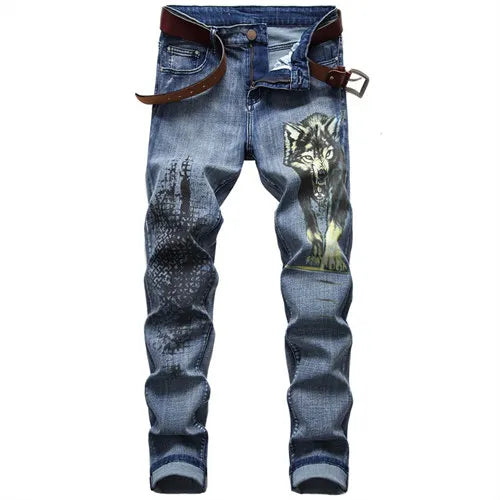 Blue Men's Jeans 3D Digital Print Stretch Denim Pants Blue Black White Trousers Men Fashion Slacks 28-34 36 38 40 42
