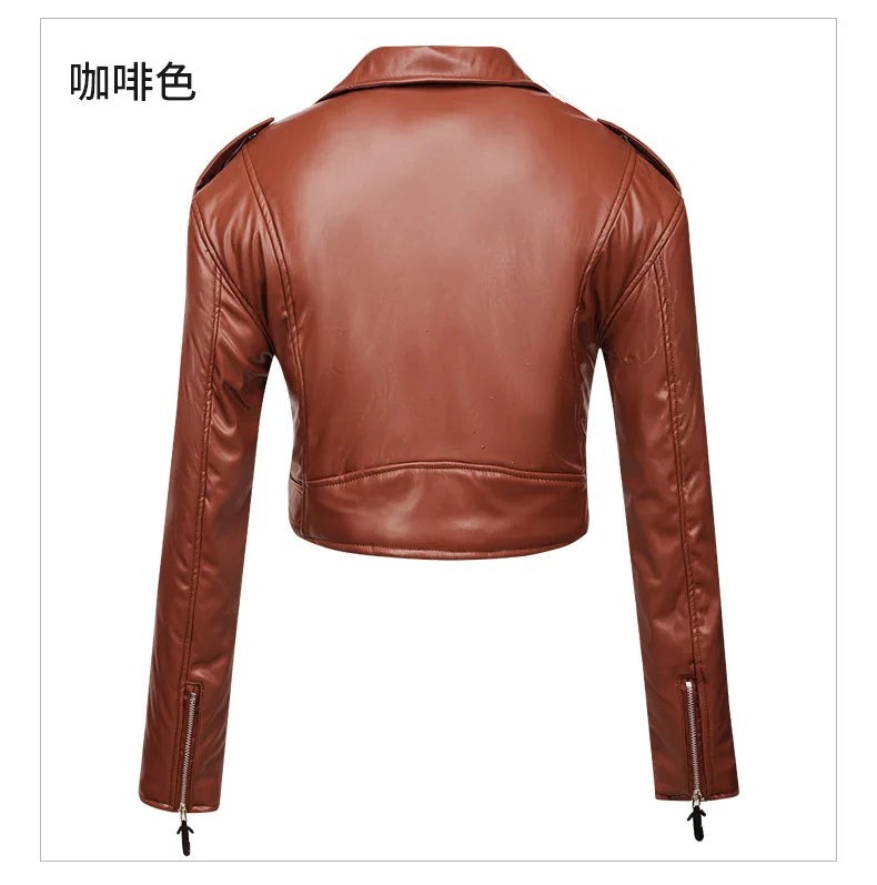 New Women slim short leather jacket plus cotton high waist long sleeve lapel diagonal zipper leather jacket pu motorcycle suit