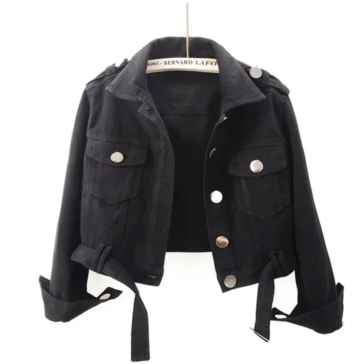 Spring Vintage Army Green Black Khaki Denim Jacket Women Hem Belt Big Pocket Cowboy Outerwear Loose Short Jeans Jackets Female