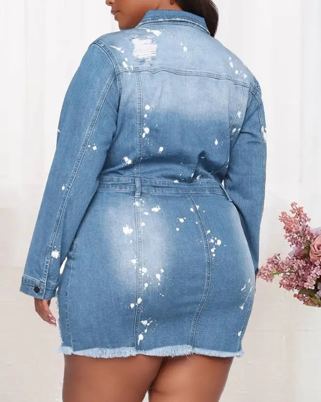 Women's Dresses 2023 Spring Fashion Ink Splash Ripped Raw Hem Button Front Casual Turn-Down Collar Long Sleeve Mini Denim Dress