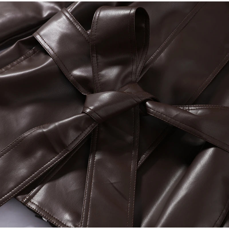 Belted Waist Stand Collar Women PU Jacket Drop Shoulder Long Sleeve Cuff Button Short Cropped Loose Faux Leather Jacket Commute
