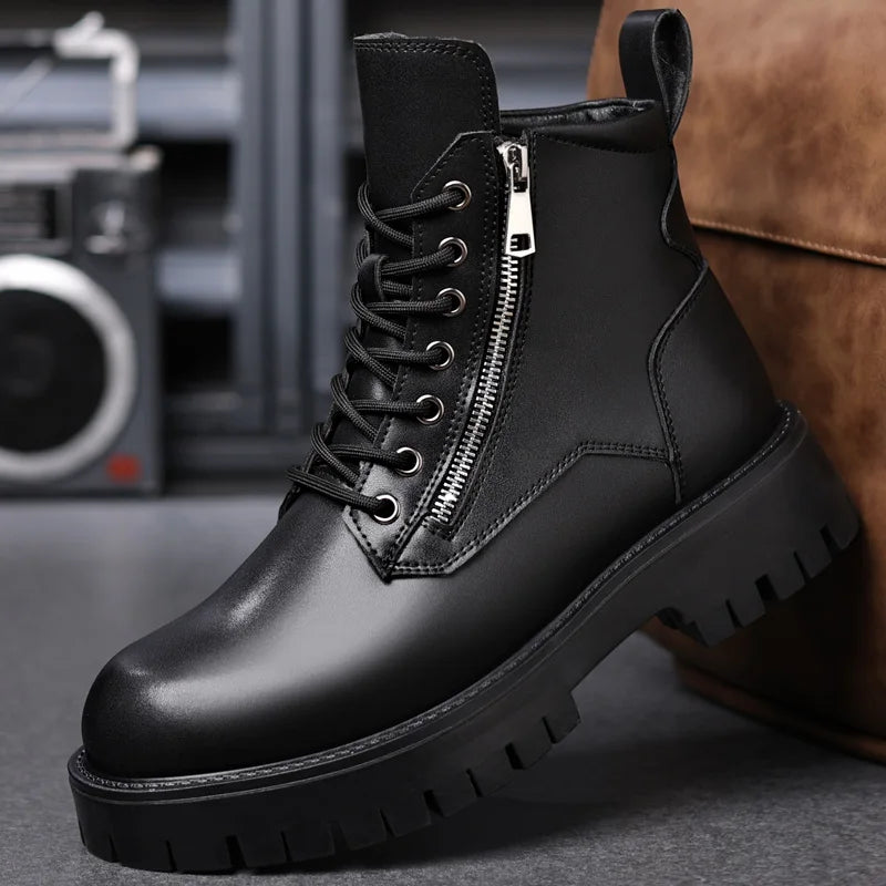 Motorcycle Boots Men's High Top Boots High Quality Mens Leather Shoes Fashion Outdoor Sneakers Men Lace Up Non-Slip Ankle Boots