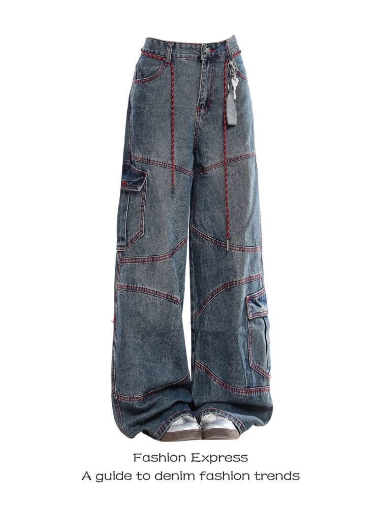 Women's Straight Leg Workwear Jeans High Waist Wide Leg Casual Denim Pants Trousers with Pockets Color Block Floor Length
