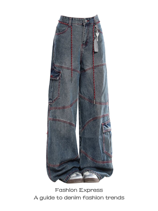 Women's Straight Leg Workwear Jeans High Waist Wide Leg Casual Denim Pants Trousers with Pockets Color Block Floor Length