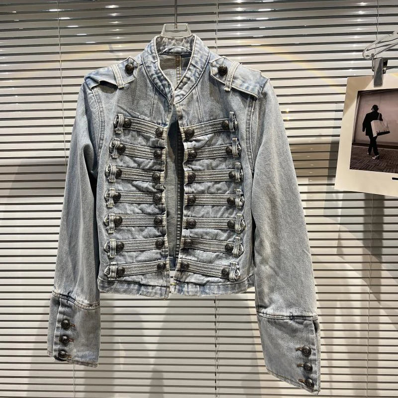 DEAT 2026 Autumn New Fashion Metal Buckle Design Shoulder Strap Denim Short Jacket For Women High Street Coat Female 11A06995