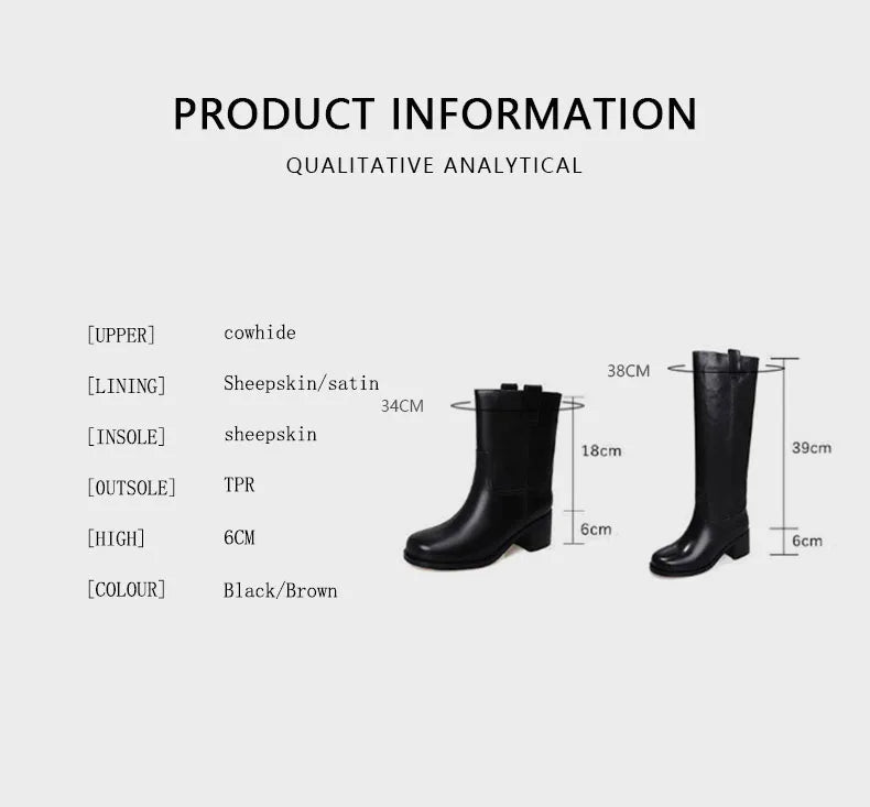 Arden Furtado Autumn Cowhide Knee High Boots Round Toe Pull-On Chunky Heels Riding Boots British Style Large Size Boots