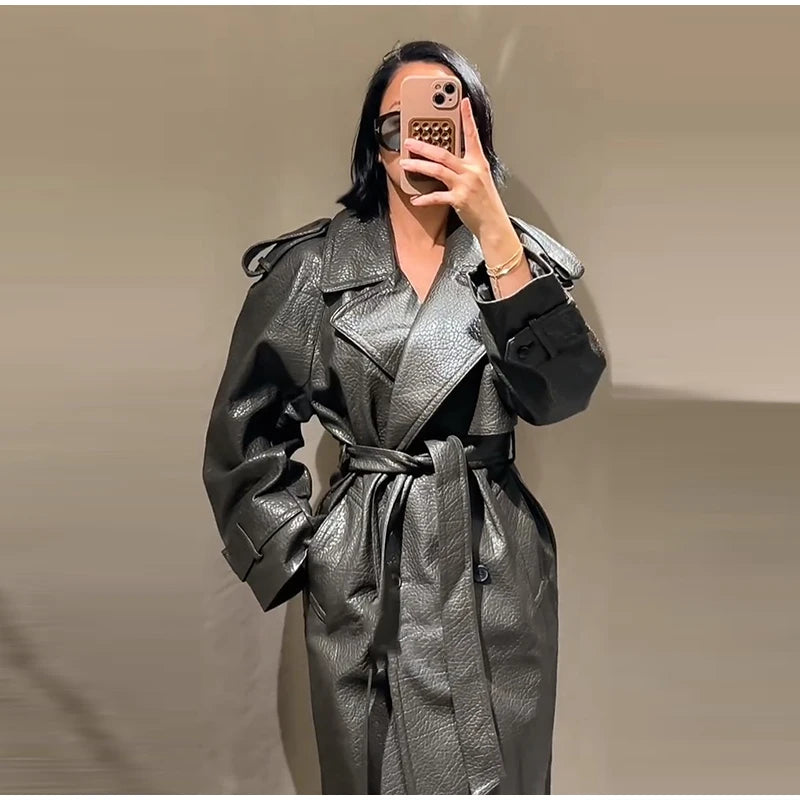 Double Breasted Lace up Long Leather Coat Woman Long Sleeves Loose Solid Color Casual Jackets Street Women's Early Autumn Coats