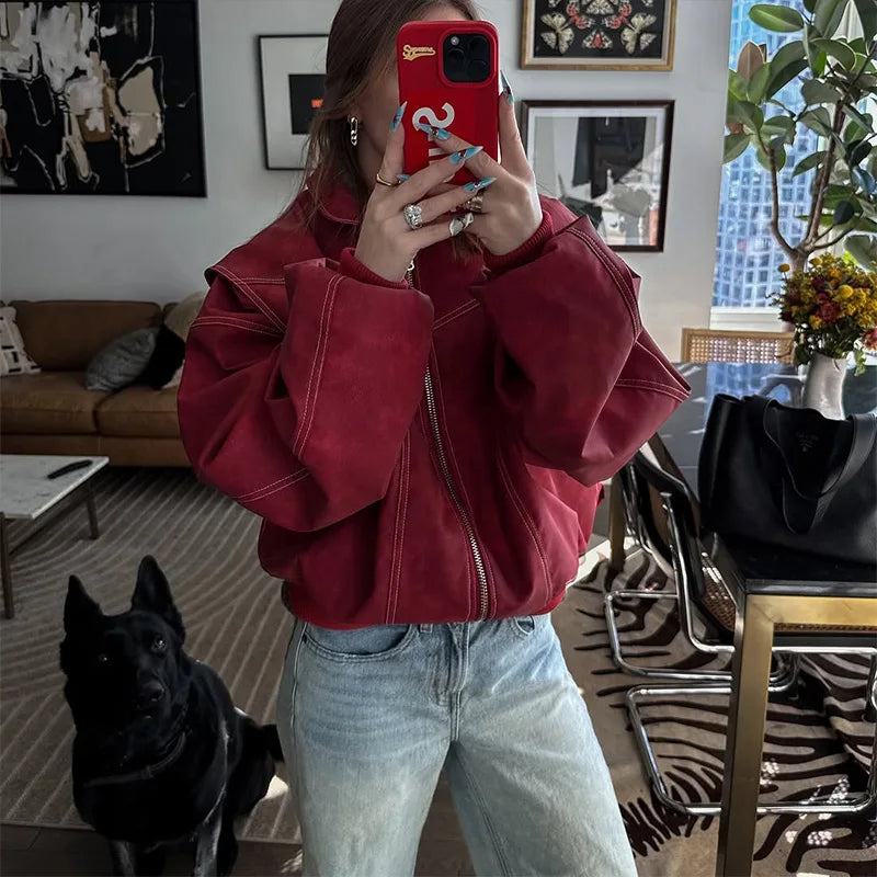 Women Stand Collar Leather Pilot Jacket Red Zipper Cropped Coat Fashion Casual Fashion Outerwear 2026 New Arrival Streetwear