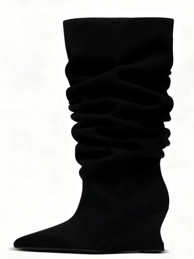 Women's Fashion Pointed Thick Soled Pleated Short Boots, Autumn and Winter Thick Heeled Long Boots, Sexy Runway Women's Boots