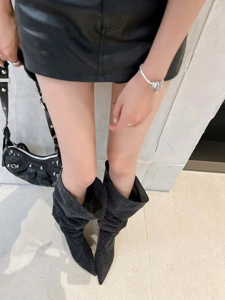ZAROY Hot Girl Knight Long Boots Winter Stretch Denim Knee-high Boots Cozy Slip On Point Toe Wedge High Heels Sexy Long Booties