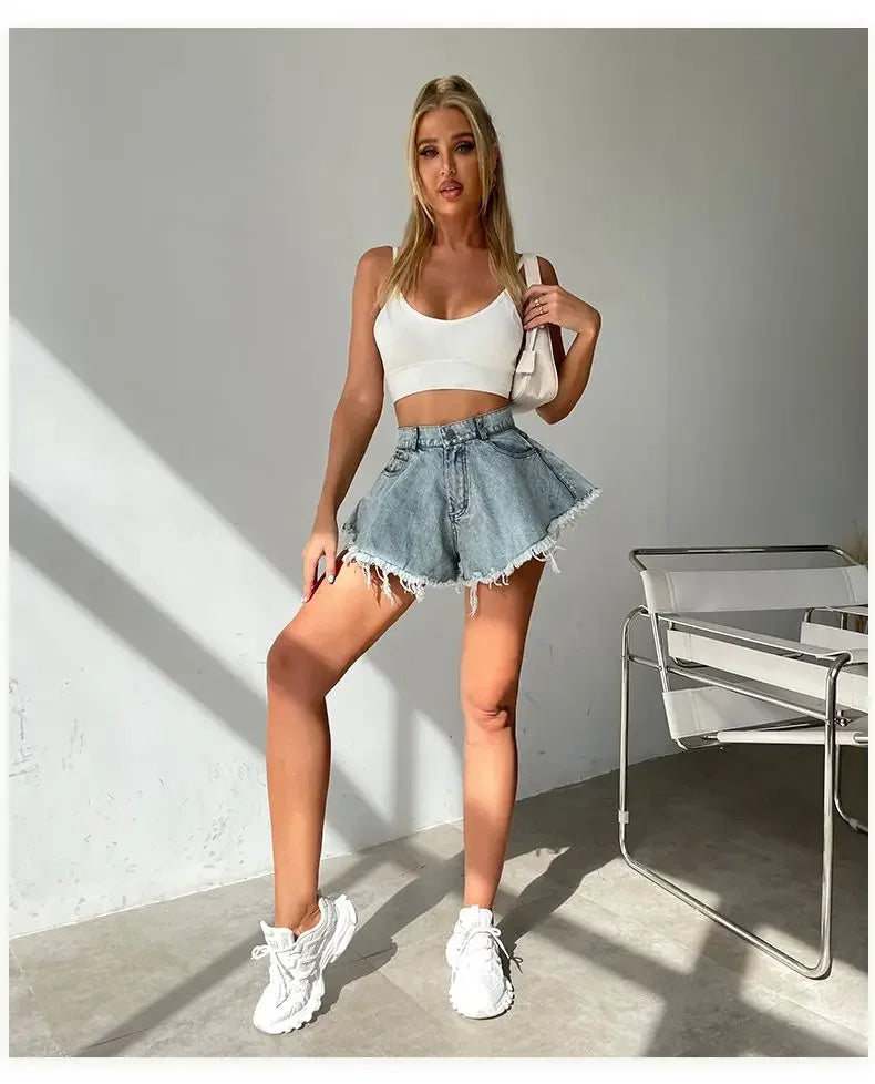 Wide Leg Shorts Women Y2k Denim Frayed Sexy Girls High Waist Hotsweet All-match Vintage Fashion Pockets European Style Females