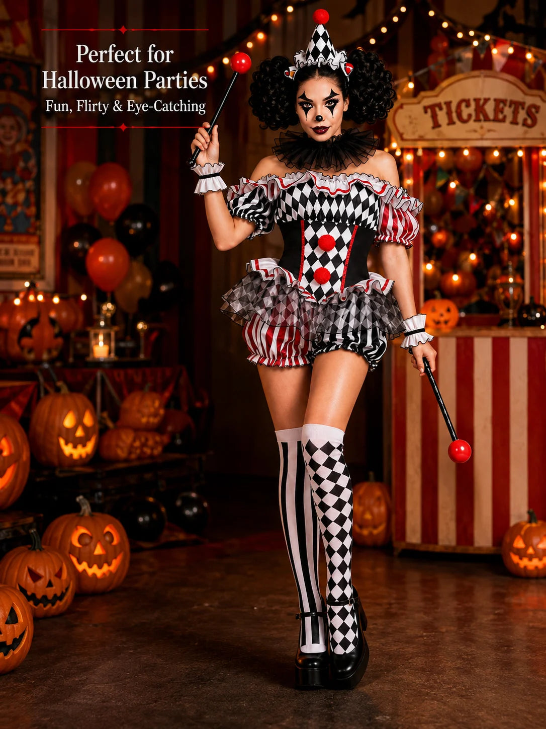 Women's Halloween Evil Clown Costume Sexy Circus Cosplay Off Shoulder Diamond Pattern Ruffled Bloomer Outfit with Hat Mesh Collar Wrist Cuffs Fancy Dress