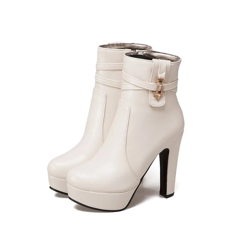 Women's White Ankle Boots Platform Shoes Fashion Buckle High Heels Yellow Black Autumn Winter Short Boot Ladies Large Size 50