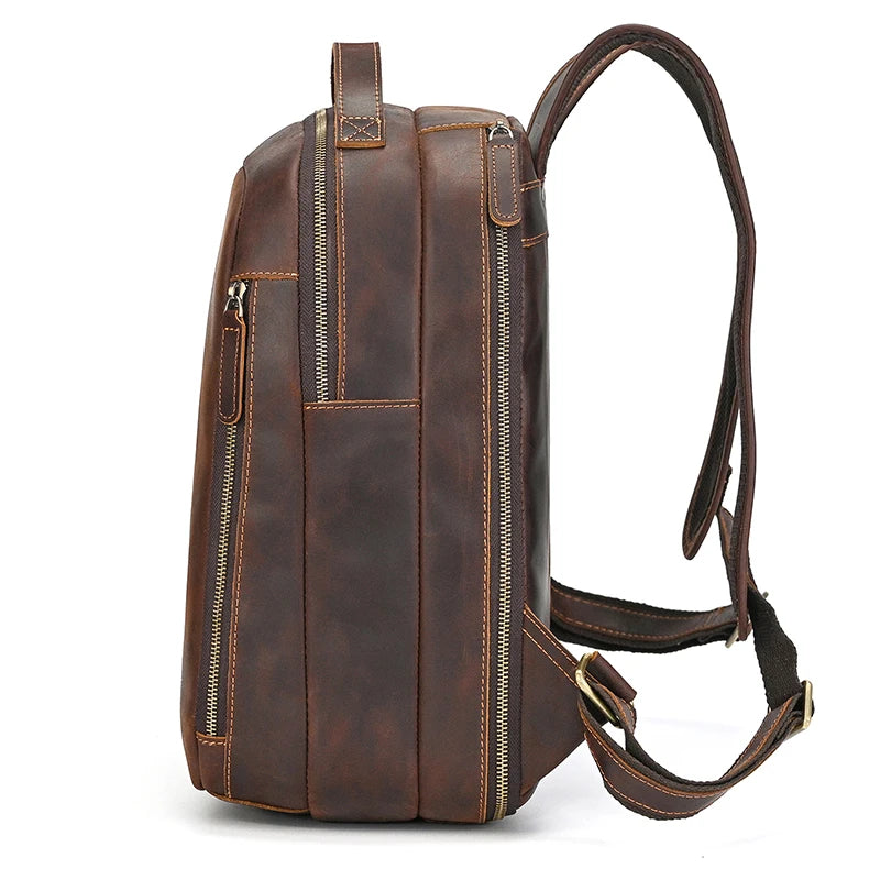 Luufan Men's Retro Crazy Horse Leather Backpack Brown Genuine Leather Rucksack Brown 14 Inch Laptop School Bag