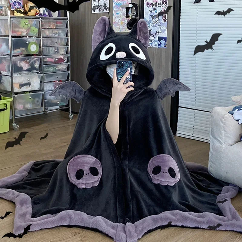 Kawaii Cartoon Bat Y2k Cute Blanket Plush Pajamas Anime Cosplay Cape Costume Halloween Theme Party Women's Hooded Cape 2025 New